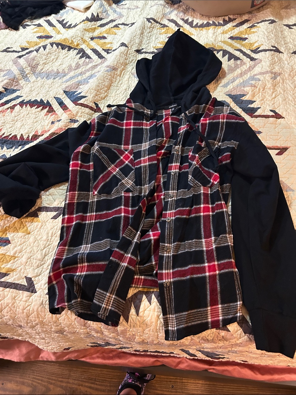 Black and Red Plaid Hooded Shirt Jacket